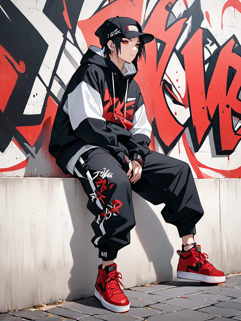 PHOTO OF AN ADULT NAME NAMED ZAZUKE, WEARING STREET  HIP-HOP CLOTHES, BROUGHT HIP-HOP PANTS, RED SHOES, SITTING LEFT ON THE WALL WITH AN ABSTRACT CALLIGRAPHY PAINTING,