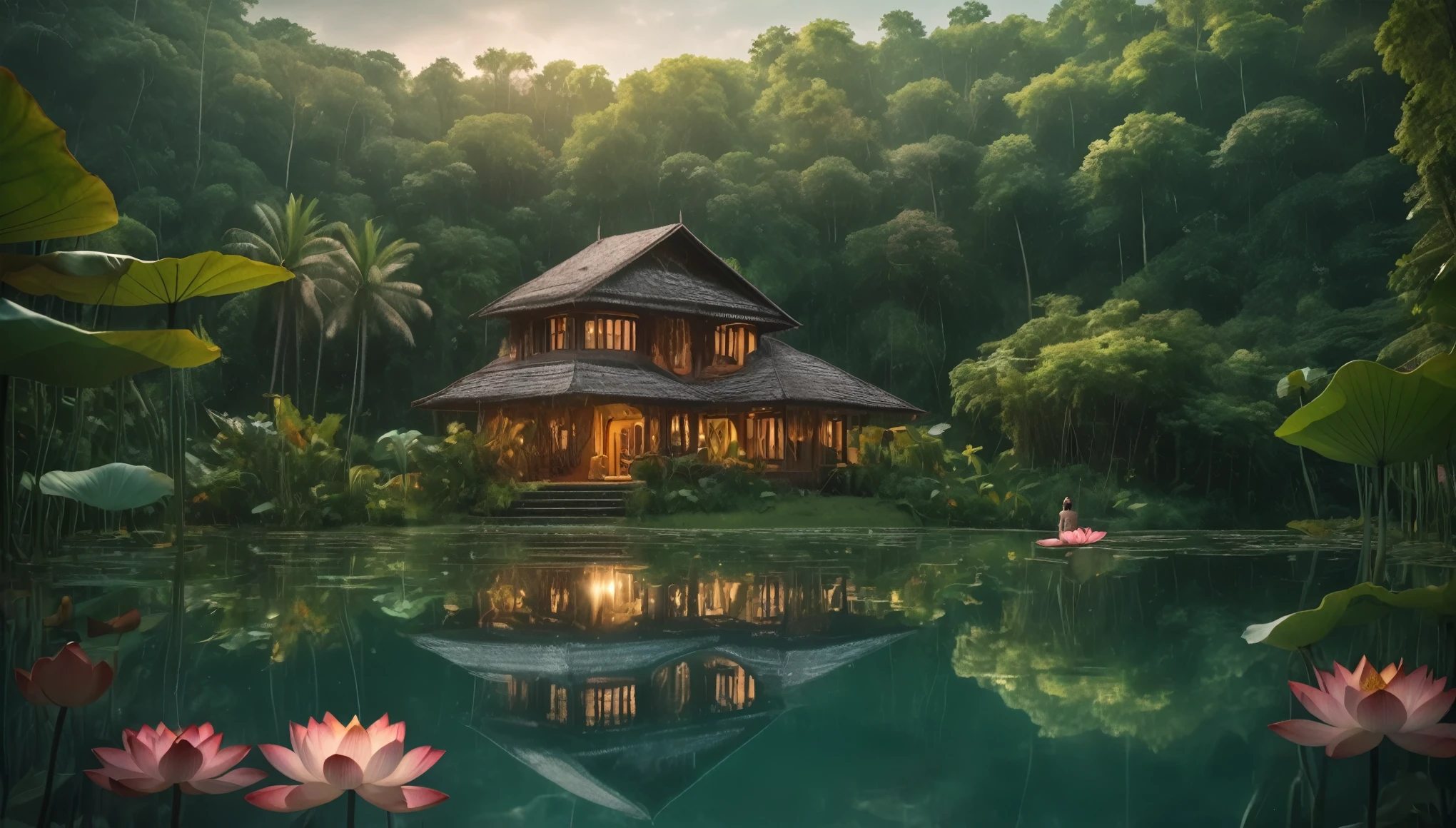 Namaste. Person in lotus meditating. intricate imagery. Beautiful landscape of a house on the edge of a lake in a tropical forest. Intricate details Cinematic lighting.