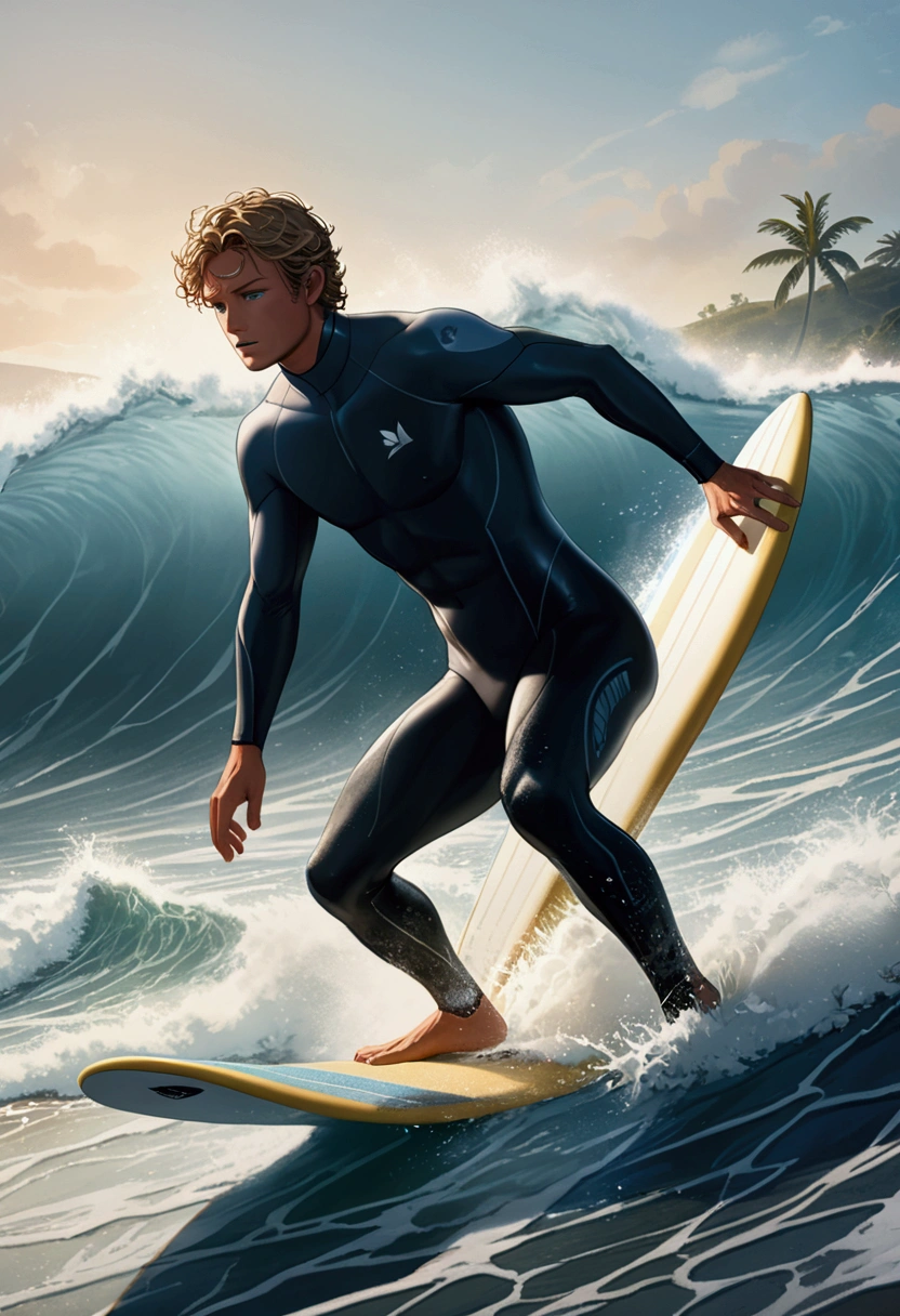 (Ultra-realistic Surfing), wearing Professional sportswear, sunset, wide angle, panorama, in Vibrant Void, juxtaposing vibrant with a sense of emptiness, captivating chiaroscuro, dynamic movement, (special effects:0.1), full body, award-winning, cinematic still, emotional, vignette, dynamic, vivid, (masterpiece, best quality, photorealistic, Professional, perfect composition, very aesthetic, absurdres, ultra-detailed, intricate details:1.3)