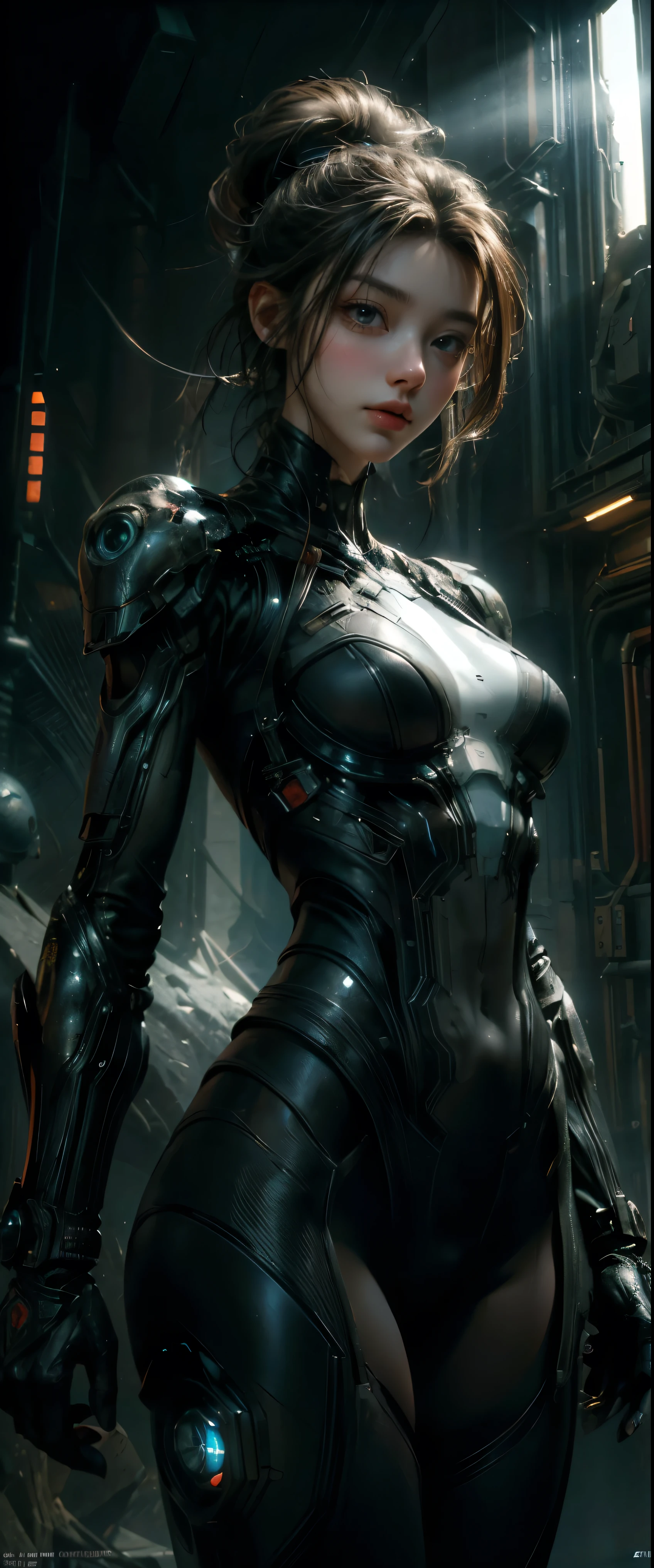 ((masterpiece, highest quality, Highest image quality, High resolution, photorealistic, Raw photo, 8K)), Ultra Wide Angle, Alien Landscap, A female stands next to an Alafedro robot on top of a hill, influenced by Stefan Koidl's background of discarded mechas. The art created by Craig Mullins, specifically in the style of Craig Mullins' Necro, portrays a detailed and futuristic science fiction scene. The emphasis is on SF concept art, with vivid colors and sharp focus. The overall lighting captures the essence of concept art in films,