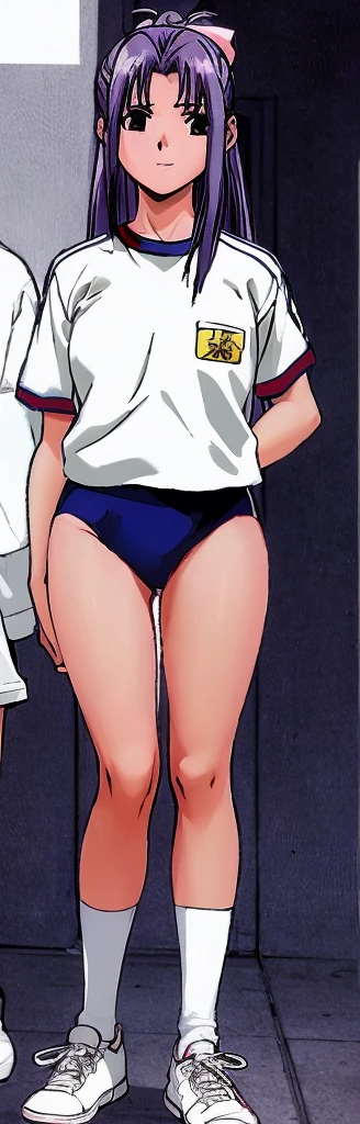 Momoko Koigakubo, a tall girl with beautiful legs, is standing with a smile on her face in a white gym uniform and light navy blue bloomers that look like panties.。Momoko Koigakubo is holding the shoulders of a boy wearing a tracksuit。