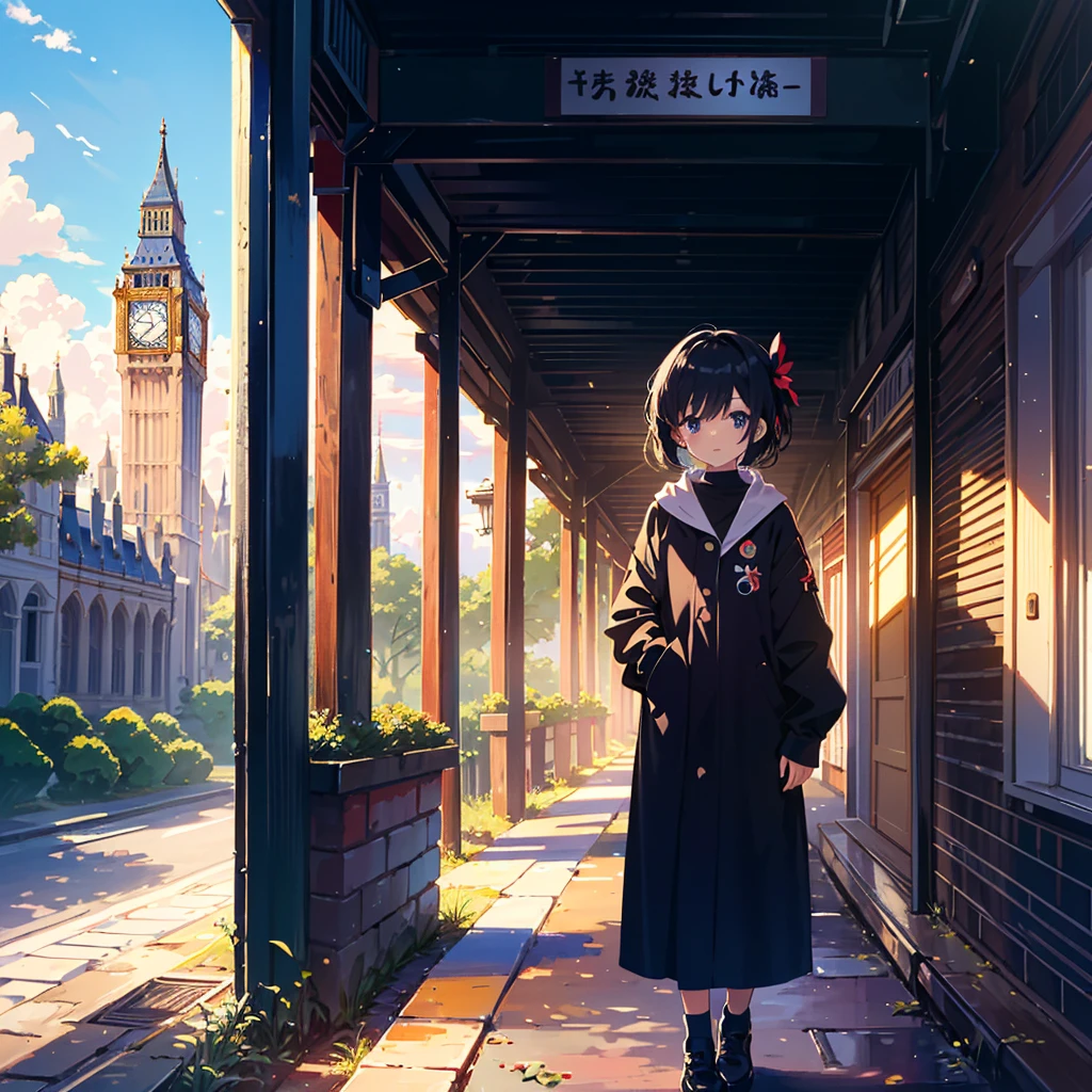 , London design, , background is daytime, full body, MasterPeace, best quality looking at viewer, come out in color, you are an anime beauty design professional and you must always generate 2 or more illustrations. Please believe in your own growth and draw an illustration of a masterpiece that is fast and cute beyond limits.