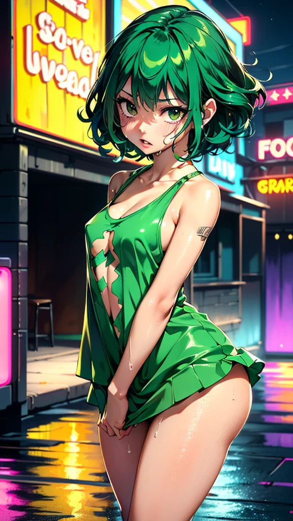 girl youtuber,(((1girl))),((extremely cute and beautiful green curly-haired girl)),
(short breasts:1.4),big butt,(((green curly hair:1.35,very curly hair,colored inner hair,ear breathing,short hair))),(((green_eyes:1.3))),intricate eyes,beautiful detailed eyes,symmetrical eyes,big eyes:1.3,((fat)),(((lustrous skin:1.5,bright skin: 1.5,skin tanned,shiny skin,very shiny skin,shiny body,plastic glitter skin,exaggerated shiny skin,illuminated skin,wet legs))),detailed body,(detailed face),
cute,slutty,seductive,erotic,(((nsfw))),
zettai ryouiki,revealing clothing,show skin,((rave mini-skirt,visible thong straps,white loose tank top with an anime art print)),((wet clothes,intricate outfit,intricate clothes)),
(dynamic pose:1.0),embarrassed,(centered,scale to fit dimensions,Rule of thirds),
cyberpunk city by the ocean at night, with bright neon signs and dark stormy clouds and puddles, scenery:1.25,
artistic photography,(photography taken by sldr),highres, sharp focus, (ultra detailed, extremely detailed), (photorealistic artwork:1.37),(extremely detailed CG unity 8k wallpaper),((synthwave background theme)),(((vibrant colors))),(intricate background),(masterpiece),(best quality),