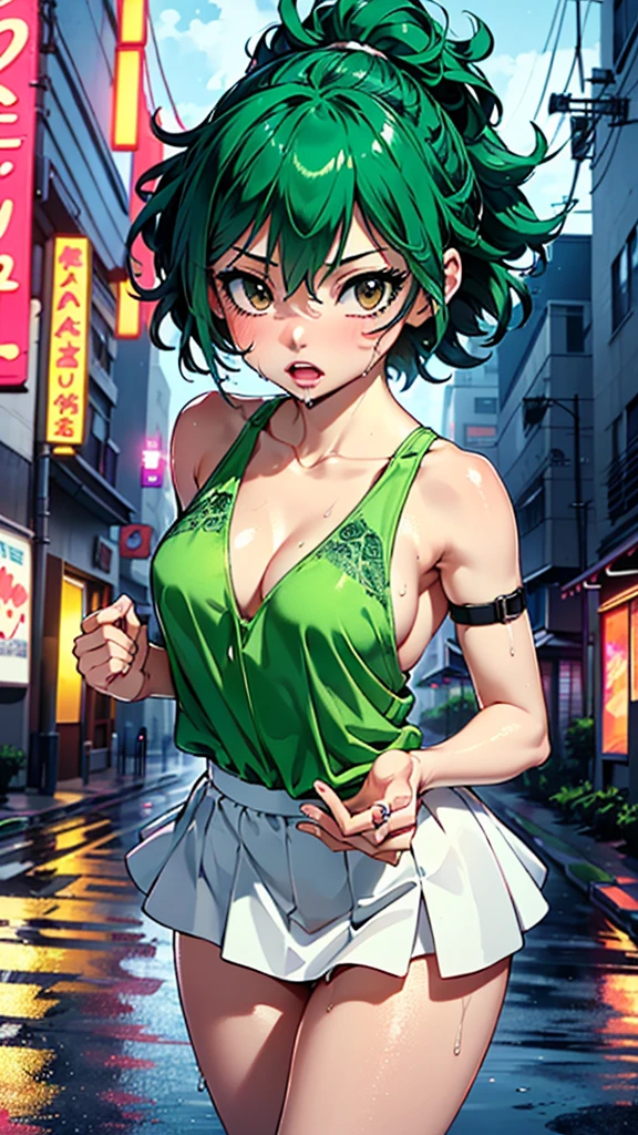 girl youtuber,(((1girl))),((extremely cute and beautiful green curly-haired girl)),
(short breasts:1.4),big butt,(((green curly hair:1.35,very curly hair,colored inner hair,ear breathing,short hair))),(((green_eyes:1.3))),intricate eyes,beautiful detailed eyes,symmetrical eyes,big eyes:1.3,((fat)),(((lustrous skin:1.5,bright skin: 1.5,skin tanned,shiny skin,very shiny skin,shiny body,plastic glitter skin,exaggerated shiny skin,illuminated skin,wet legs))),detailed body,(detailed face),
cute,slutty,seductive,erotic,(((nsfw))),
zettai ryouiki,revealing clothing,show skin,((rave mini-skirt,visible thong straps,white loose tank top with an anime art print)),((wet clothes,intricate outfit,intricate clothes)),
(dynamic pose:1.0),embarrassed,(centered,scale to fit dimensions,Rule of thirds),
cyberpunk city by the ocean at night, with bright neon signs and dark stormy clouds and puddles, scenery:1.25,
artistic photography,(photography taken by sldr),highres, sharp focus, (ultra detailed, extremely detailed), (photorealistic artwork:1.37),(extremely detailed CG unity 8k wallpaper),((synthwave background theme)),(((vibrant colors))),(intricate background),(masterpiece),(best quality),