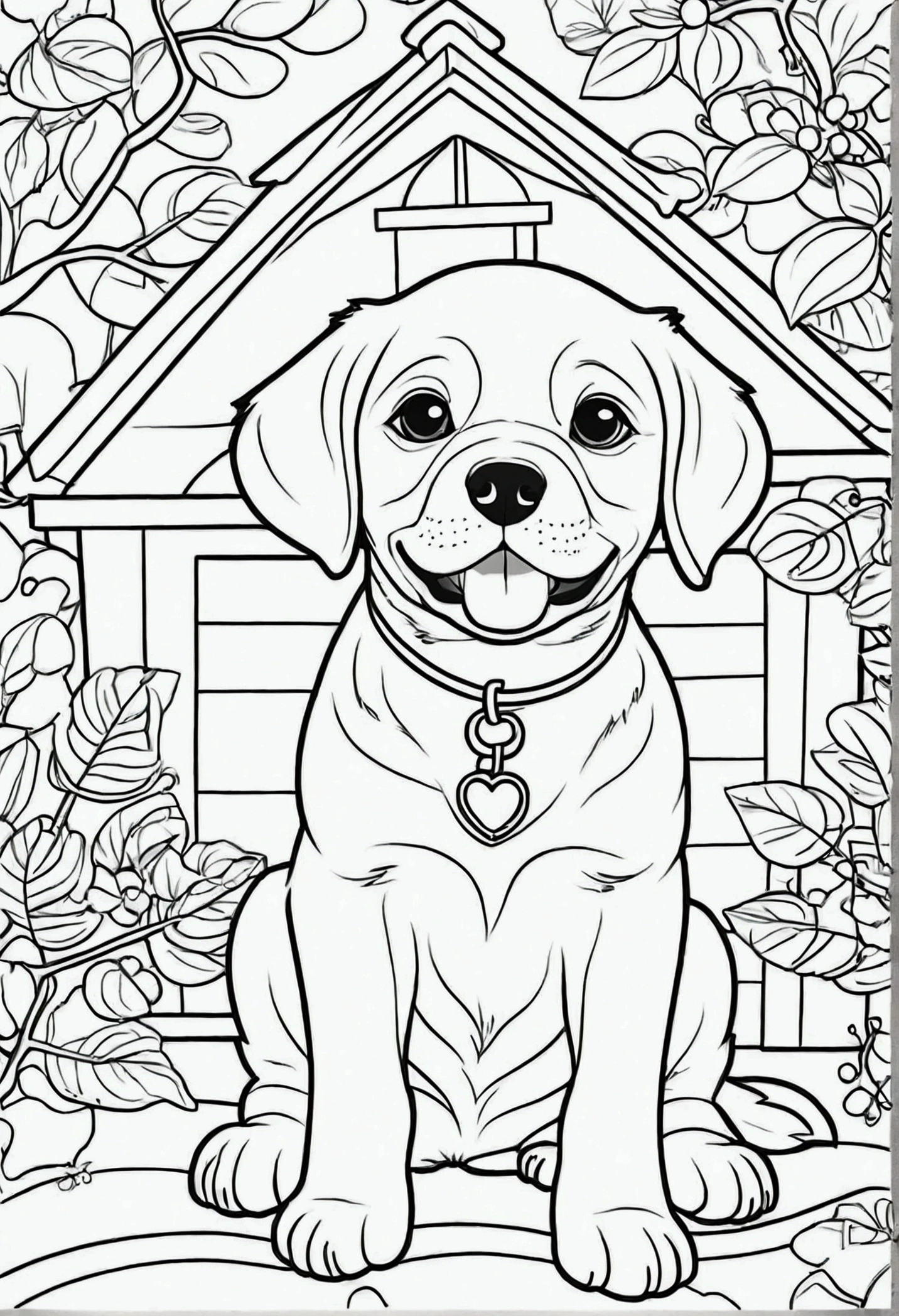 Create a set of cute and friendly puppy coloring pages. Puppies must be of different breeds and sizes, with distinct features to make each one unique and adorable. Include happy facial expressions and dynamic poses, like running, playing with toys, or resting. The style should be simple and clear, with well-defined contours and enough space for children to easily color. Add some fun background elements, like trees, dog toys or houses, but keep the focus on the puppies."

