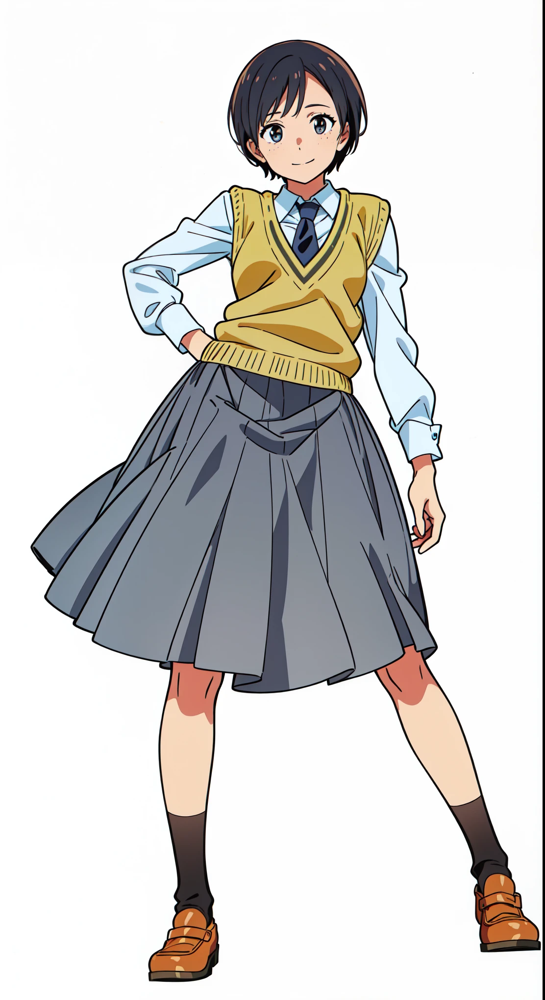 (white background:1.0), (best quality:1.0), (masterpiece:1.0), (super fine illustration:1.0), (beautiful artwork:1.0), (anime screencap:1.0), (official art:1.0), (solo:1.0), (a 20yo cute girl:1.0), (long skirt:1.0), (gray skirt:1.0), (pleated skirt:1.0), (khaki knit vest:1.0), (white long sleeve collared shirt:1.0), (dark blue necktie:1.0), (loafers:1.0), (black socks:1.0), (ideal ratio body proportions:1.0), (lanky:1.0), (tall:1.0), (slender:1.0), (small breasts:1.0), (smaller face:1.0), (freckles:1.0), (cheerful:1.0), (detailed beautiful eyes:1.0), (detailed beautiful face:1.0), (glowing black eyes:1.0), (very short hair:1.0), (swept bangs:1.0), (black hair:1.0), (standing:1.0), (looking at viewer:1.0)