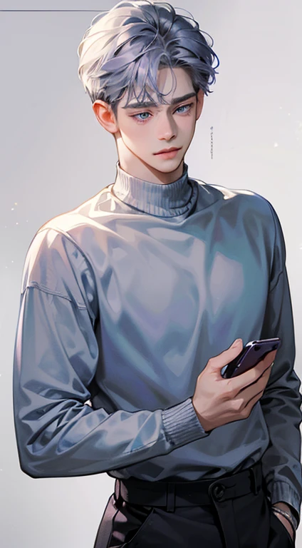 (best quality, Masterpiece, 8ก, realistic, movie light, 1:4 hdr pictures, very detailed, beautiful picture), sweet faced man, 24 years old, very cute, ((cold expression รอยยิ้ม in love)), blue-purple-gray hair, Blue-violet eyes, A perfect face without mistakes, ((Wear a black and white sweater)), Short hair, not very tall