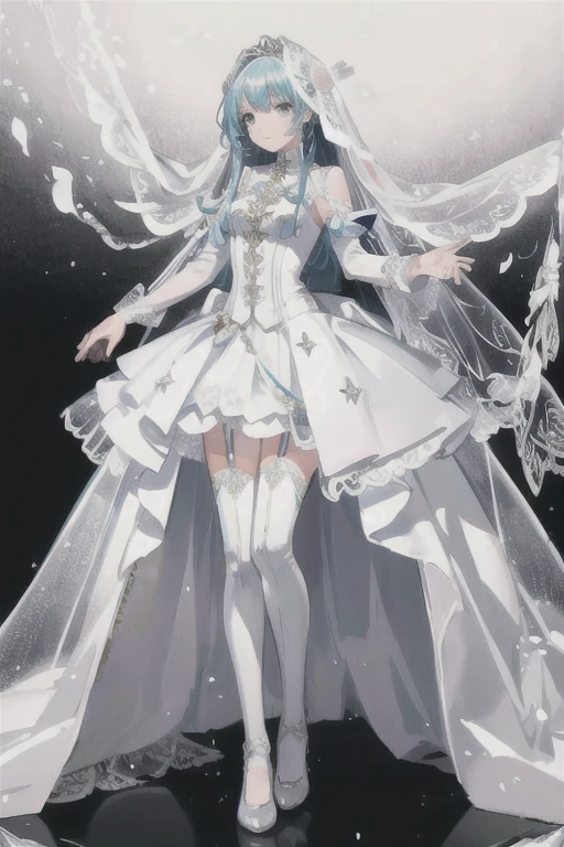 (solo:1.5), long hair, bride, blode hair, (white wedding dress), white thighhighs, white garter straps, white pointed toe flats, standing, full body, 