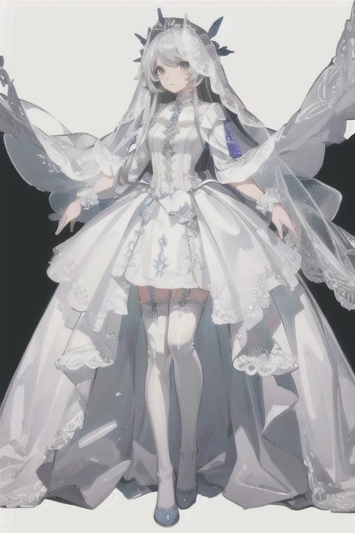 (solo:1.5), long hair, bride, blode hair, (white wedding dress), white thighhighs, white garter straps, white pointed toe flats, standing, full body, 