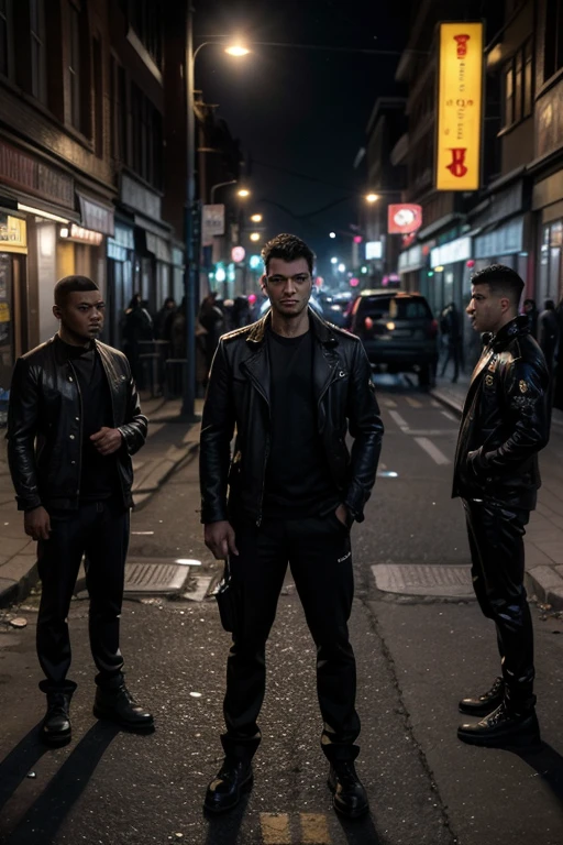 "An urban street corner at night, three men facing each other with intense expressions. One man, a former soldier with a fierce gaze, stands between two others, trying to calm the situation. The street is dimly lit by a single streetlight, and the background is filled with the hustle and bustle of the city."