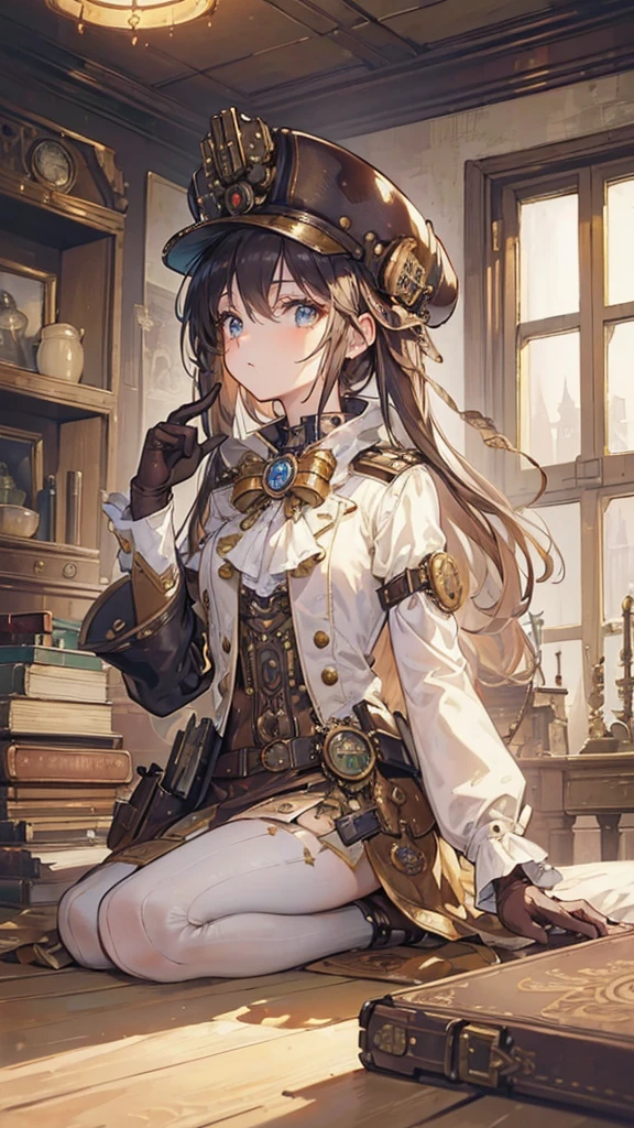 ((True best masterpiece, Ultimately perfect quality, Extremely delicate details)), ((Steampunk, Fantasy)) A skinny pilot girl with small bust, Wearing pilot suits, Wearing antique pilot cap, Wearing white shirt