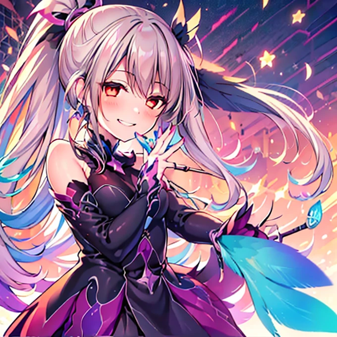 (Highest quality:1.2), 1 girl, Vibrant colors, Dreamy lighting, detailed floral background, Wicked Smile, alone, ponytail, Star-shaped hairpin, Black feather hairpin, nail art