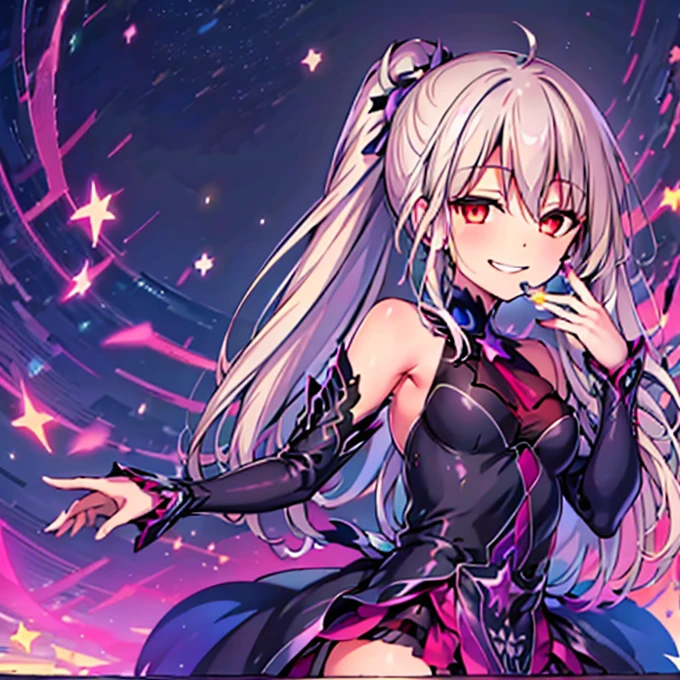 (Highest quality:1.2), 1 girl, Vibrant colors, Dreamy lighting, detailed floral background, Wicked Smile, alone, ponytail, Star-shaped hairpin, Black feather hairpin, nail art