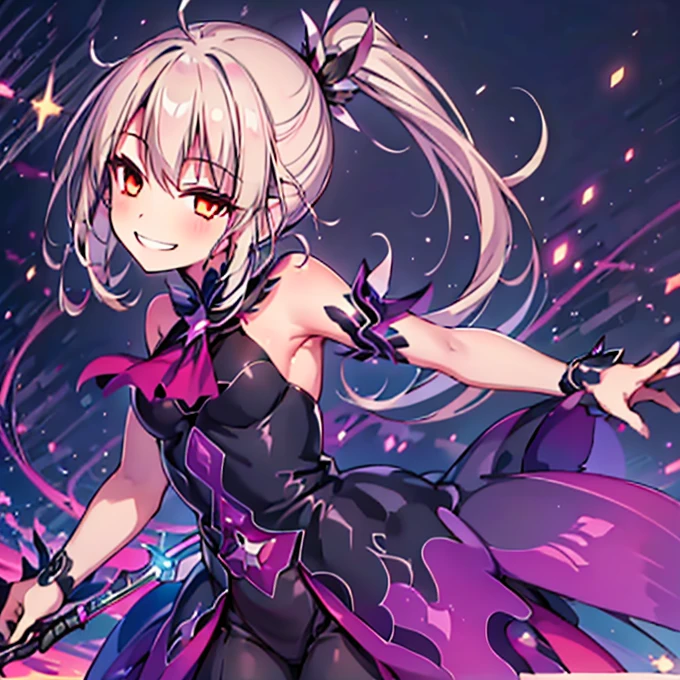 (Highest quality:1.2), 1 girl, Vibrant colors, Dreamy lighting, detailed floral background, Wicked Smile, alone, ponytail, Star-shaped hairpin, Black feather hairpin, nail art