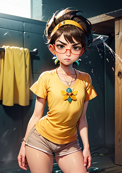 masterpiece, high quality, High resolution, absurdities, Casual pineapple style: Opt for a casual pineapple-inspired look with brown shorts and a yellow shirt.. Introduce pineapple details in accessories., as a brooch and leaf-frame sunglasses.
  shower, by rubio, short hair, black eyes, black headband, sharp hair, ,expressionless, dress, 1 girl, very giant chest, Wide hips, shapely legs 