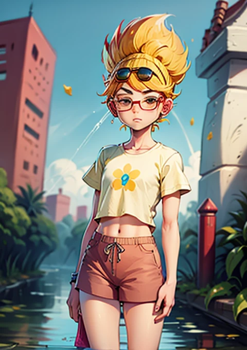 masterpiece, high quality, High resolution, absurdities, Casual pineapple style: Opt for a casual pineapple-inspired look with brown shorts and a yellow shirt.. Introduce pineapple details in accessories., as a brooch and leaf-frame sunglasses.
  shower, by rubio, short hair, black eyes, black headband, sharp hair, ,expressionless, dress, 1 girl, very giant chest, Wide hips, shapely legs 