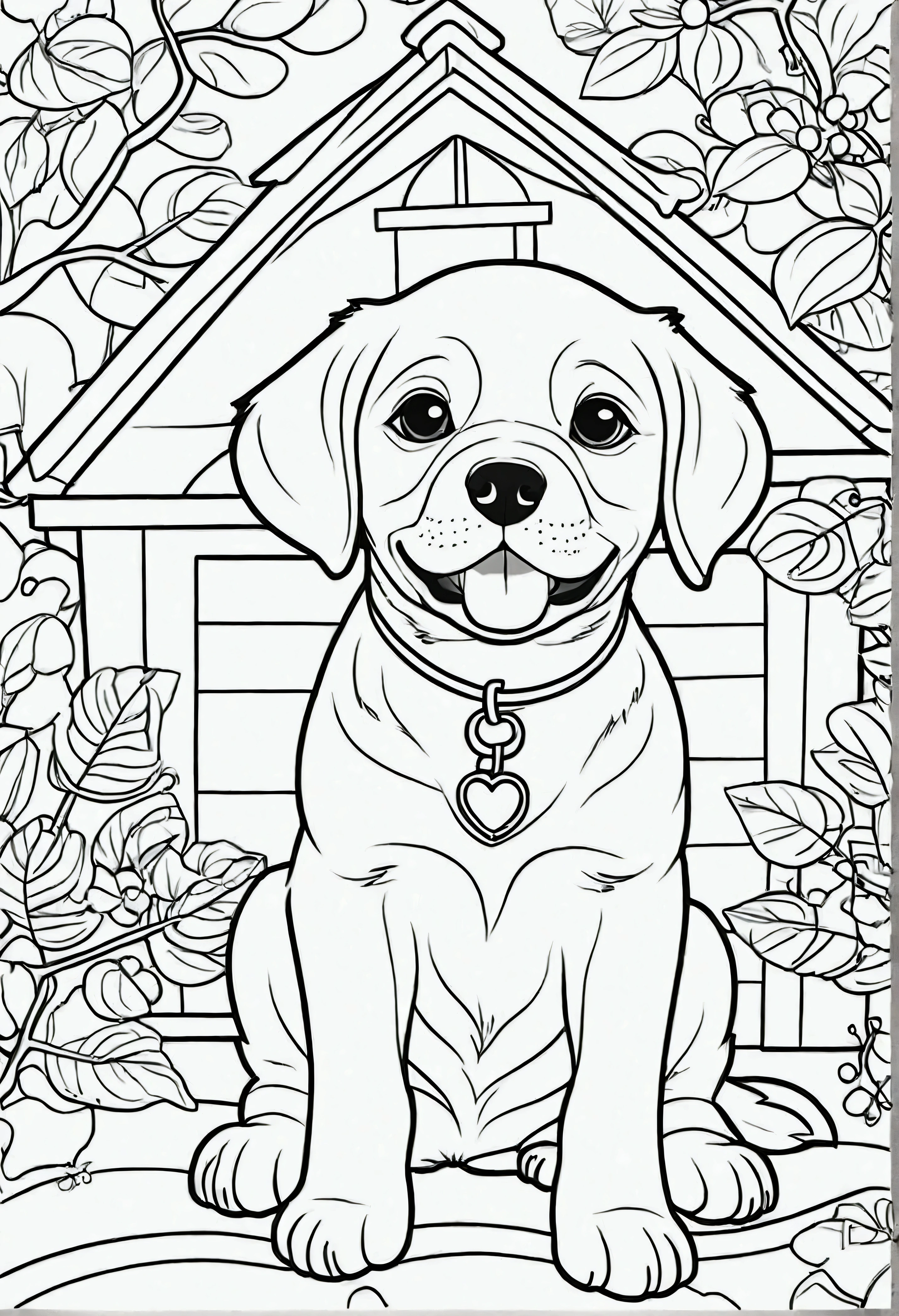 Create a set of cute and friendly puppy coloring pages. Puppies must be of different breeds and sizes, with distinct features to make each one unique and adorable. Include happy facial expressions and dynamic poses, like running, playing with toys, or resting. The style should be simple and clear, with well-defined contours and enough space for children to easily color. Add some fun background elements, like trees, dog toys or houses, but keep the focus on the puppies."
