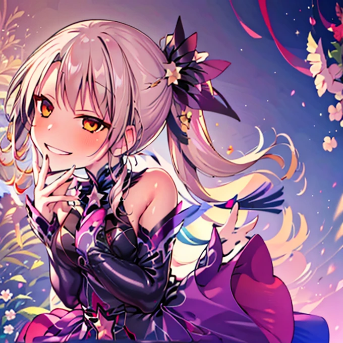 (Highest quality:1.2), 1 girl, Vibrant colors, Dreamy lighting, detailed floral background, Wicked Smile, alone, ponytail, Star-shaped hairpin, Black feather hairpin, nail art