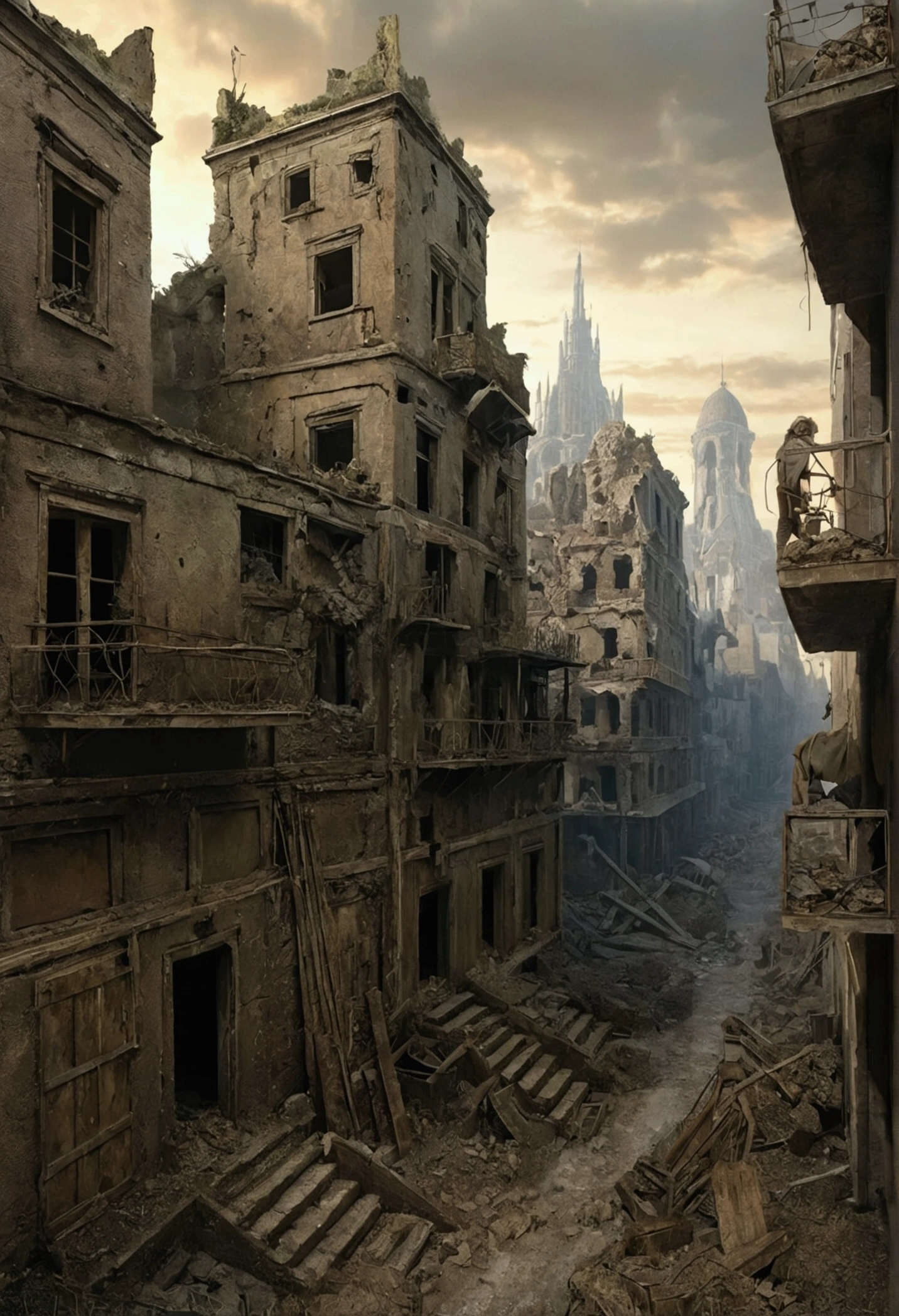 Créez des chefs-d&#39;œuvre dystopiques，Représentez le paysage urbain antique détruit dans un style artistique conceptuel de jeu réaliste.. L&#39;œuvre d&#39;art doit évoquer un sentiment de désolation et de désespoir antique , monde post-apocalyptique. Gardez un œil sur les subtilités des détails, netteté, et une description très détaillée de la ville en ruines. Inspirez-vous des styles artistiques de Wayne Barlow et Zdislav Beksiński. Livrez cette image au format d&#39;affichage vidéo, Montrez la sombre beauté de ce monde en décomposition.