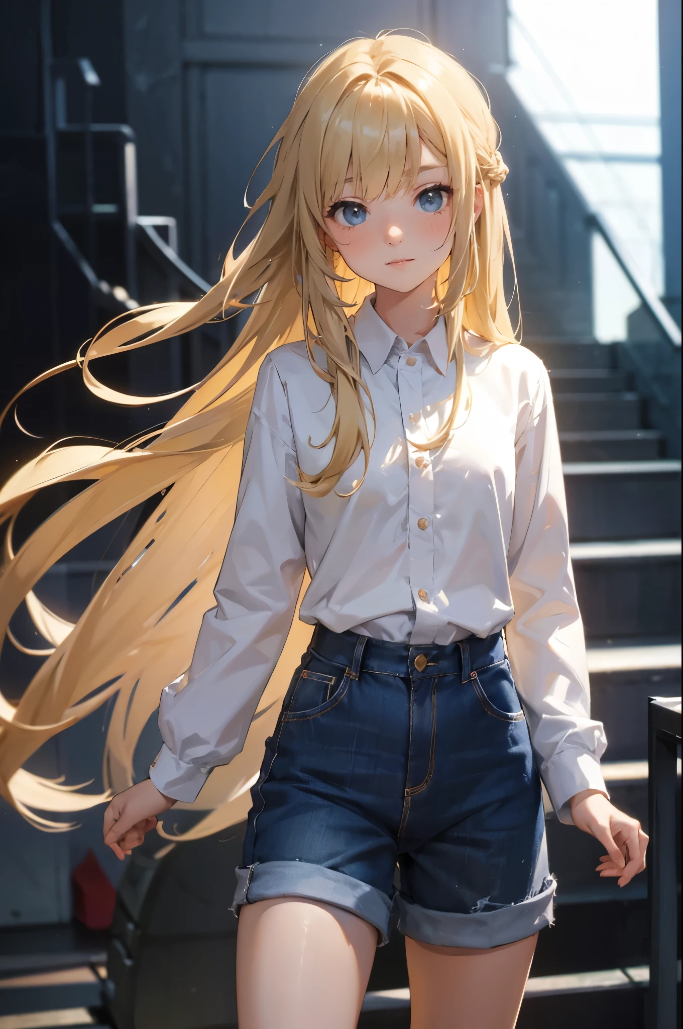 masterpiece, ultra detailed, 8k portrait, RAW photo, portrait photography, Highly detailed face, beautiful and meticulous eyes, , standing on the stage, girl with long hair and a white very long shirt and blue hot pants, anime visual of a cute girl, long hair, light blonde girl with long hair, young girl, 1girl, cute girl, pretty girl, portrait of cute girl, slim:1.5,