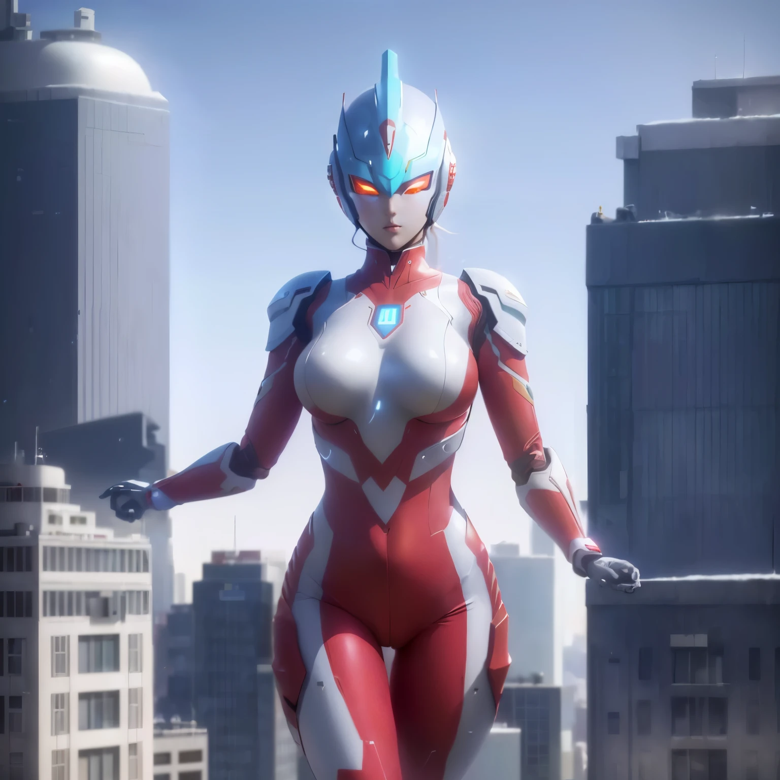 Arafat, wearing a red and white suit, stands on a ledge in front of the city, Feminine body, Ultraman, Full body! asuka suit, Anime CGI style, Giantess Art, Perfect anime woman, Female body, Anime CGI, Super giant super realistic, Hero pose colorful city lights