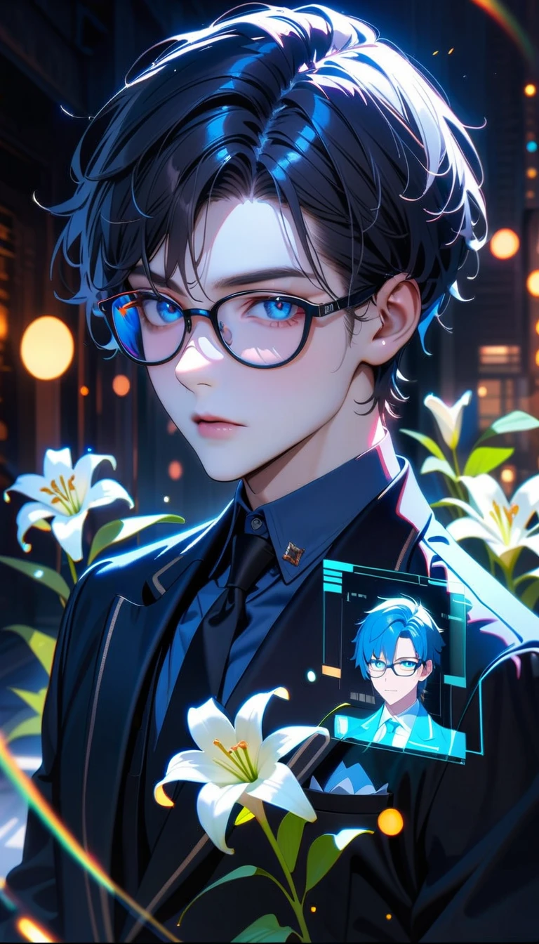 Masterpiece, best quality, Superb details, high definition, Expensive resolution, HDR, Superb details CG, beautiful details, Depth, fine texture, very good, complete concentration, Pale skin, cute guy, Smart and cool guy, confident, short hair, black hair, blue hair highlights, beautiful eye details, Emerald eyes, full details black tuxedo sponderoust, blue cut, glasses, 1 man, Pin a lily to the chest., Cold face and eyes, gag, pure atmosphere, lily garden, complicated details, Volumetric light, Atmosphere light, lens flare, particle, Cinema-grade lighting, Colorful light, White outline, holding a white lily, great details, complicated, Beautiful glowing details, Very detailed eyes and face, of the future, HLPR, (Hologram, error, ใบหน้าHologram, ponderous, Interface, node),
