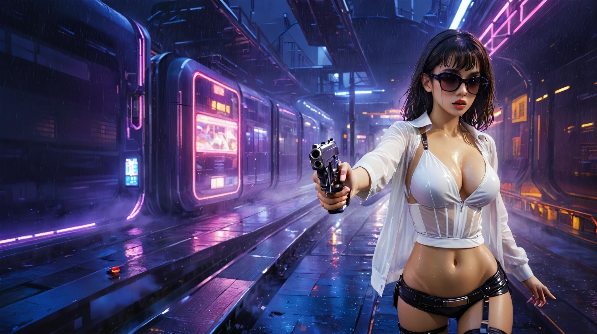(aerial view), Blade Runner style futuristic railway platform, hi-tech train, neon lights, rainy night. (((1girl, solo, alone))), large-breast C-cup slim:0.9 body, cleavage:1.1, sexy miniskirt, (black sunglasses), ((holding a mini:1.2 pistol)), dynamic pose, half-body thigh level medium shot, cinematic lighting, ray tracing.