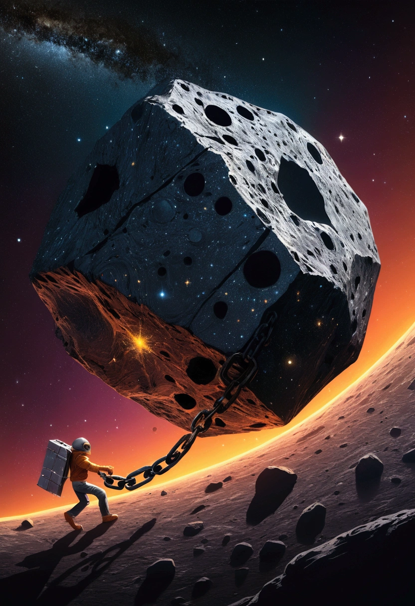 A chained asteroid dragging a star, logotype, caricature style, arte abstrata, written arkroid under the image