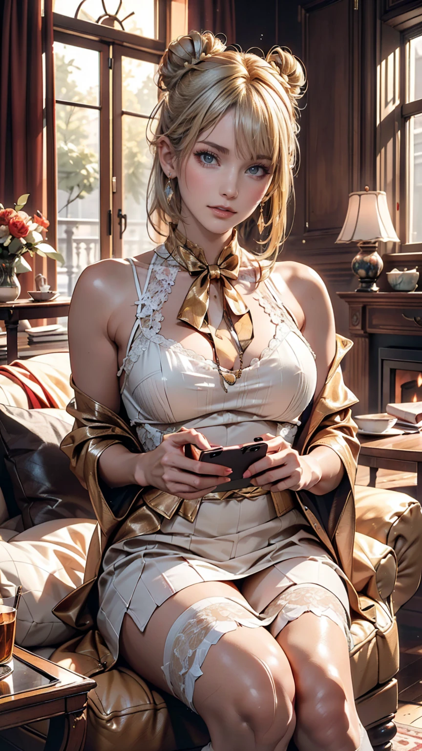 Portrait of a 48-year-old blonde French woman, 1940, Silver Hair、Three-ply chignon((triple bun))、Period costume, Genuine Leather, Sit down and take a selfie like you would with a smartphone, (Living room with period furniture, Calm, soft light: 1.2)