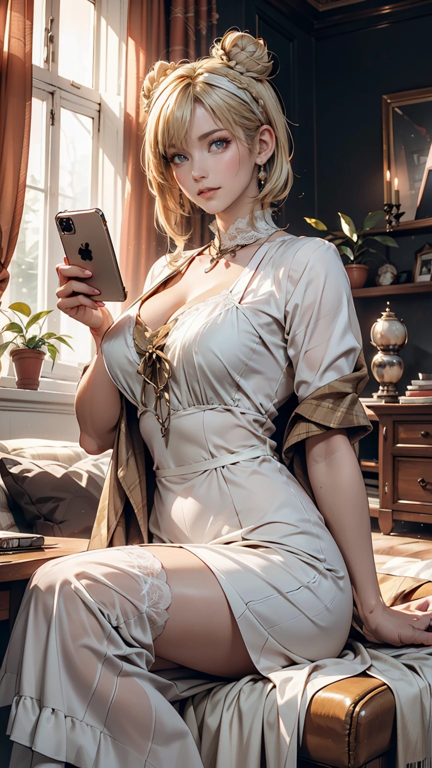 (quality,4K,Best masterpiece,:1.3),Big breasts are beautiful,hyper realisitc,1 20 year old female),(Charming slim figure))),toned waist,Amber hair,(Damp body:1.1,Damp body:1.2),rosto magro,Fatty eyes,二重まぶた,sexy low neck gown,Emphasis on plump buttocks,open chin,,fresh, Smile full and cute,Open your mouth to reveal your white teeth, , Pointy, side pose, visible curves,on top of bed, Light-colored robes