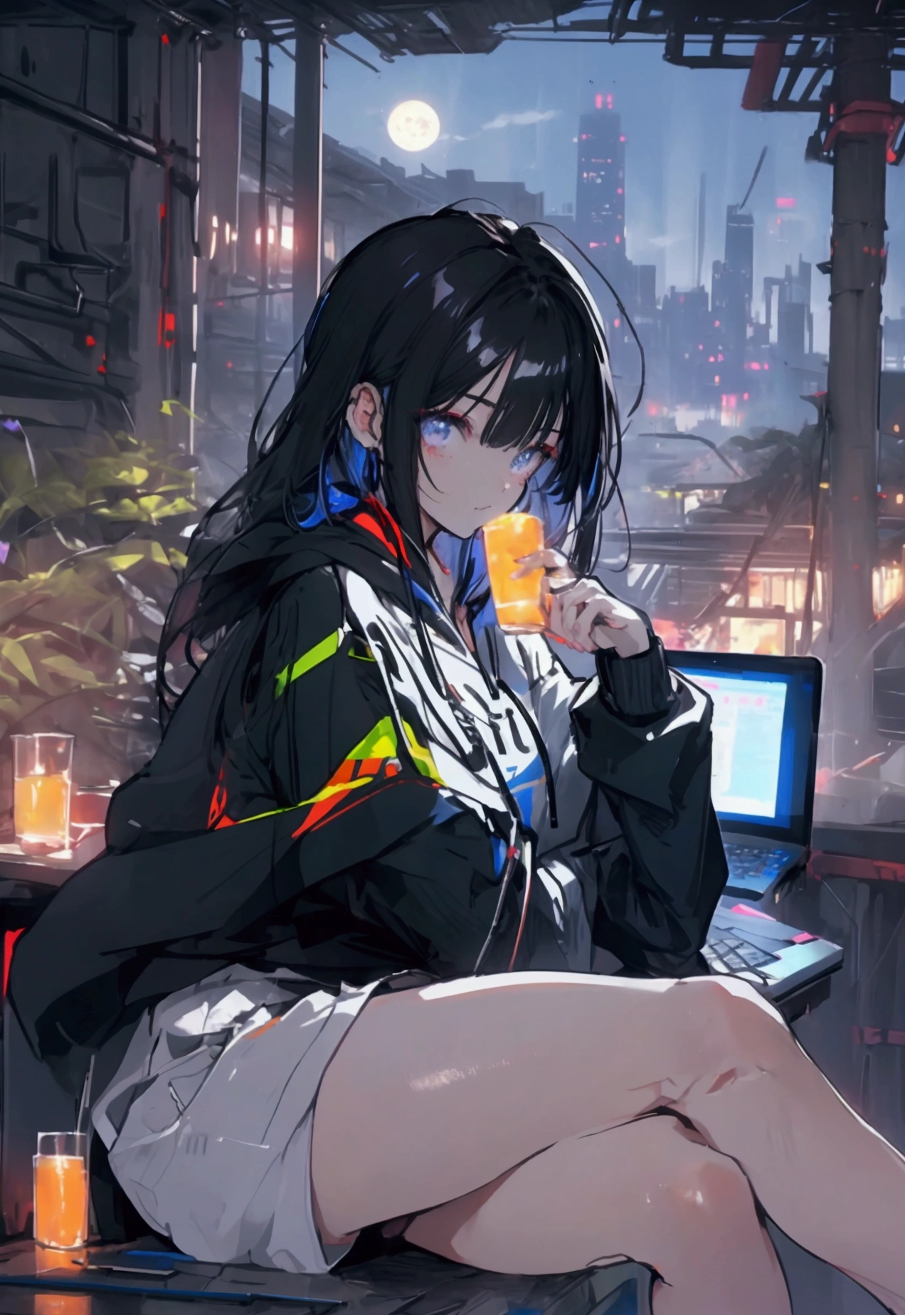 Beautiful Face、Beautiful legs、Black Hair、full moon,neon.hoodie,Sitting、IT Engineer、Building district、Landscape、rooftop、Using a laptop on your lap