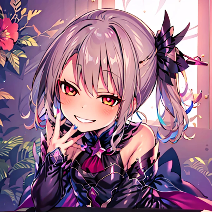 (Highest quality:1.2), 1 girl, Vibrant colors, Dreamy lighting, detailed floral background, Wicked Smile, alone, ponytail, Star-shaped hairpin, Black feather hairpin, nail art