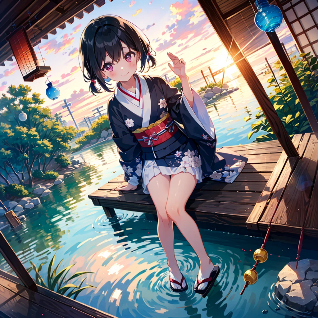 (best quality, masterpiece:1.1), vivid color, 15yo, 1girl, (black hair:1.1), short hair, low twintails, smile, (flat chest:1.1), (Japanese glass wind chimes:1.1), nice hand, perfect hand, sitting, from above, dutch angle, kimono, legs, lens flare, splash, BREAK pink eyes