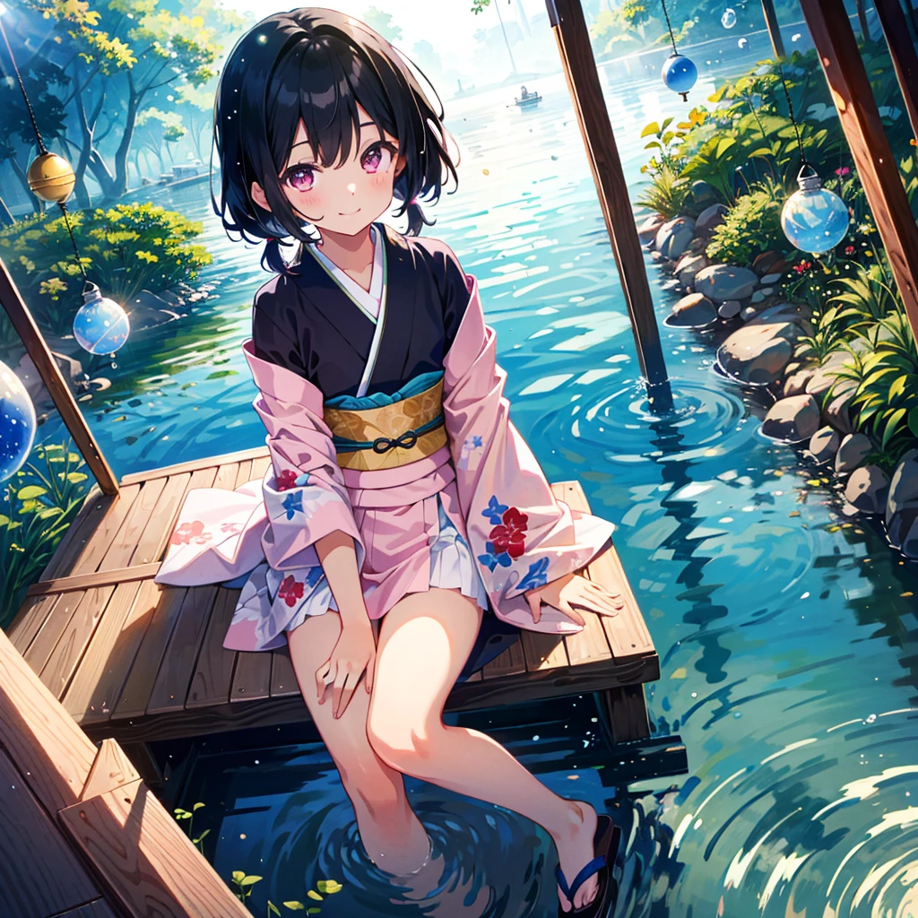 (best quality, masterpiece:1.1), vivid color, 15yo, 1girl, (black hair:1.1), short hair, low twintails, smile, (flat chest:1.1), (Japanese glass wind chimes:1.1), nice hand, perfect hand, sitting, from above, dutch angle, kimono, legs, lens flare, splash, BREAK pink eyes