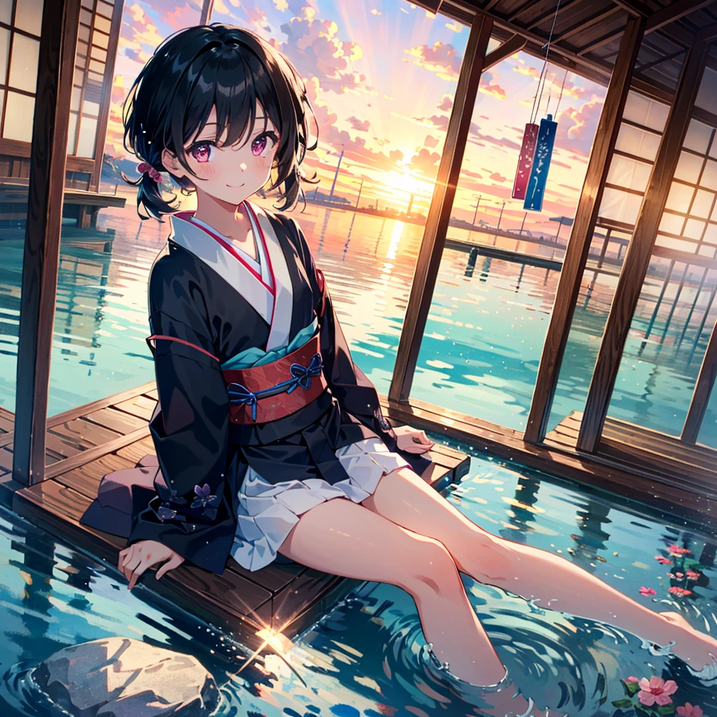 (best quality, masterpiece:1.1), vivid color, 15yo, 1girl, (black hair:1.1), short hair, low twintails, smile, (flat chest:1.1), (Japanese glass wind chimes:1.1), nice hand, perfect hand, sitting, from above, dutch angle, kimono, legs, lens flare, splash, BREAK pink eyes