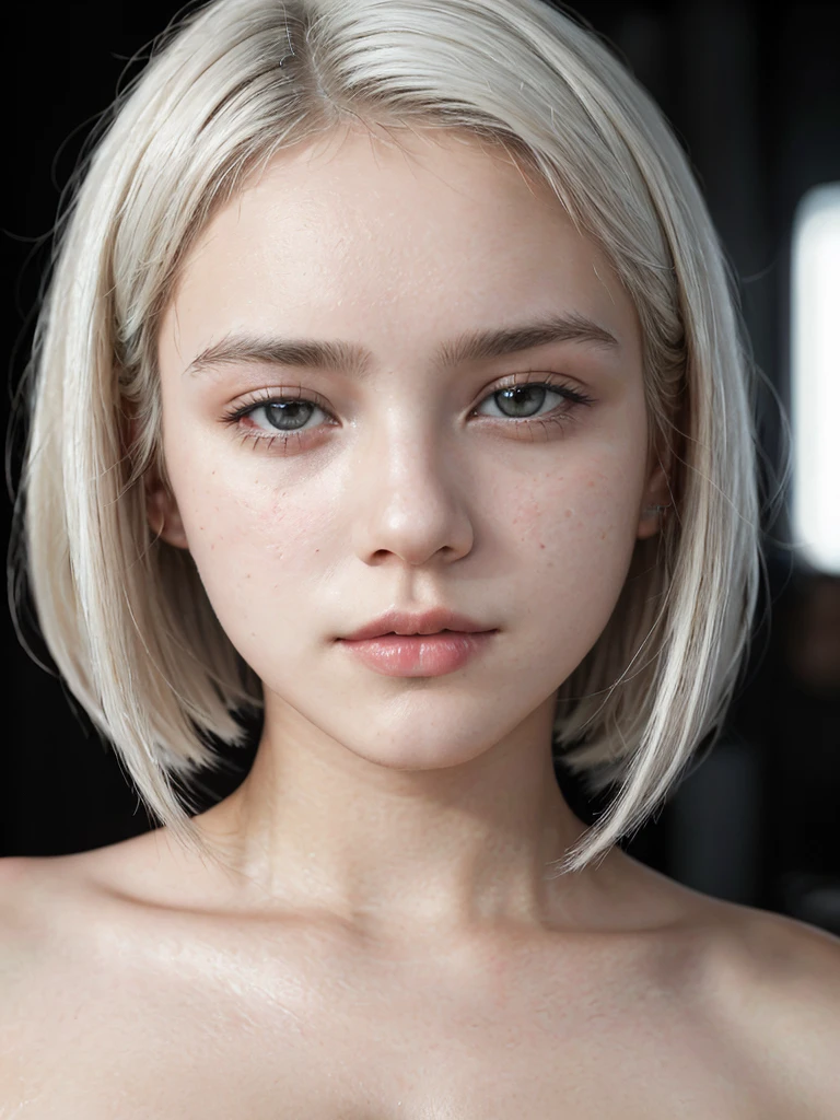 closeup portrait photo of beautiful 18 y.o girl, 8k uhd, high quality, dramatic, cinematic, sexy, cute, bobcut, white hair, (((big round breasts))), perfect small nipples, supermodel, perfect face, perfect breasts, sexy attire, (((perfect jaw)))