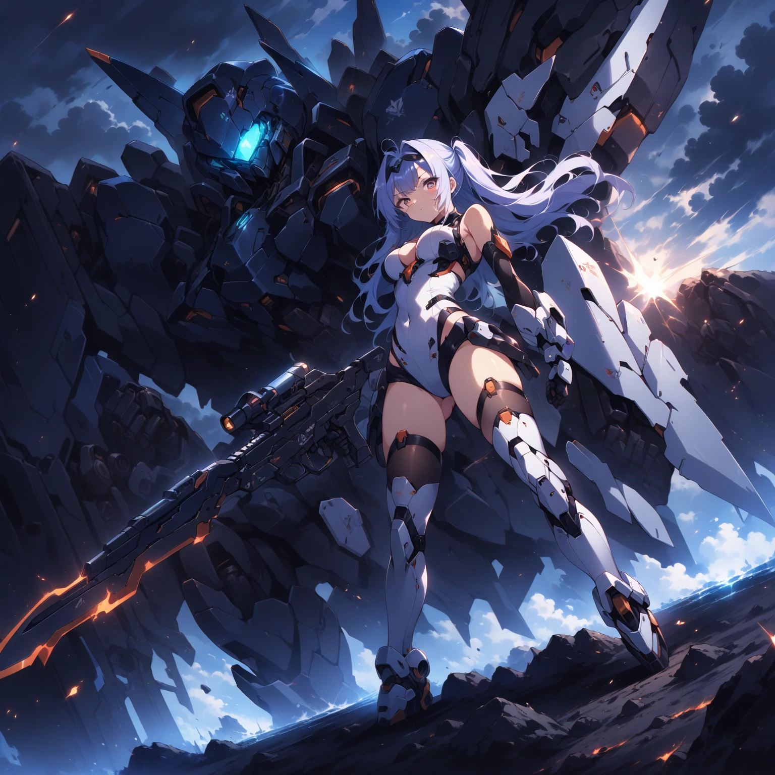 score_9, score_8_up, score_7_up, source_anime,masterpiece, best quality, high resolution, extremely detailed CG, absurdres, highres, a mecha girl holding a sword in front of a giant mech with a large blade, 1girl, weapon, mecha, robot, holding weapon, holding, gun, long hair, holding gun, glowing, sky, thighhighs, cloud, science fiction, outdoors, floating hair,1girl, solo, cleavage, thighs, looking at viewer, mecha musume,neondskdrmsxl, >:(