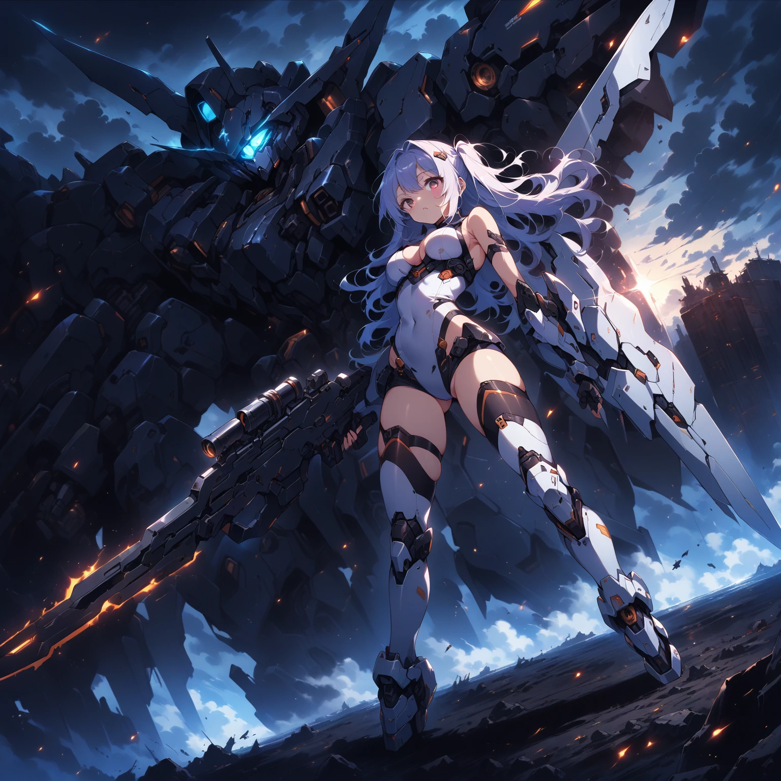 score_9, score_8_up, score_7_up, source_anime,masterpiece, best quality, high resolution, extremely detailed CG, absurdres, highres, a mecha girl holding a sword in front of a giant mech with a large blade, 1girl, weapon, mecha, robot, holding weapon, holding, gun, long hair, holding gun, glowing, sky, thighhighs, cloud, science fiction, outdoors, floating hair,1girl, solo, cleavage, thighs, looking at viewer, mecha musume,neondskdrmsxl, >:(