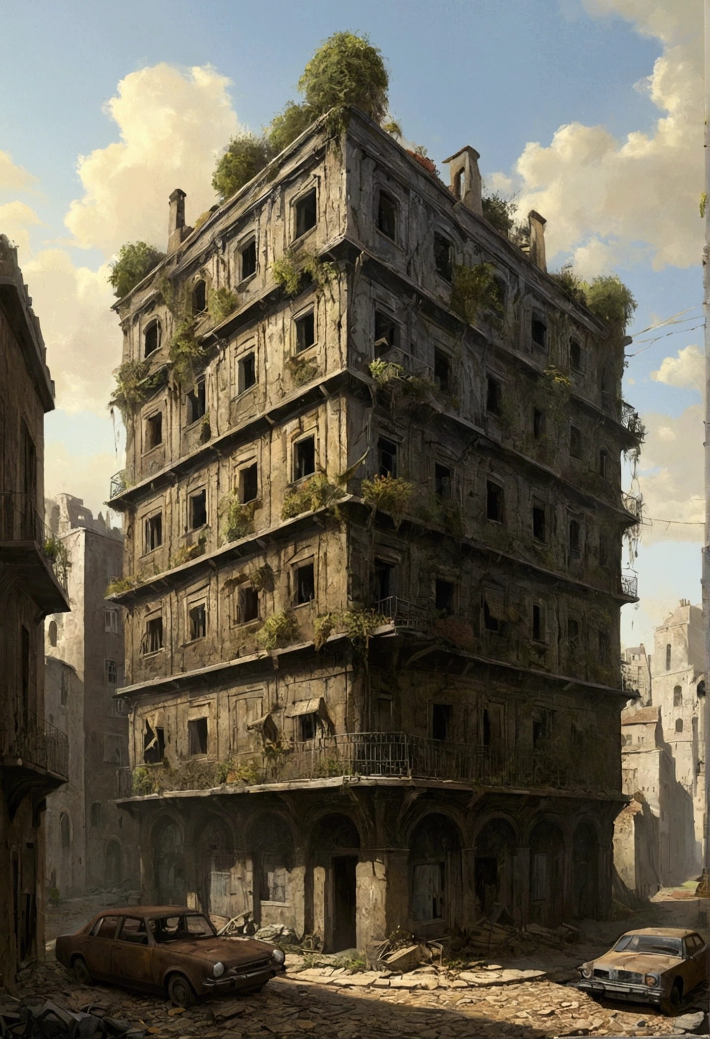 Créez des chefs-d'œuvre dystopiques,Représentez le paysage urbain antique détruit dans un style artistique conceptuel de jeu réaliste.. L'œuvre d'art doit évoquer un sentiment de désolation et de désespoir antique , monde post-apocalyptique. Gardez un œil sur les subtilités des détails, netteté, et une description très détaillée de la ville en ruines. Inspirez-vous des styles artistiques de Wayne Barlow et Zdislav Beksiński. Livrez cette image au format d'affichage vidéo, Montrez la sombre beauté de ce monde en décomposition.