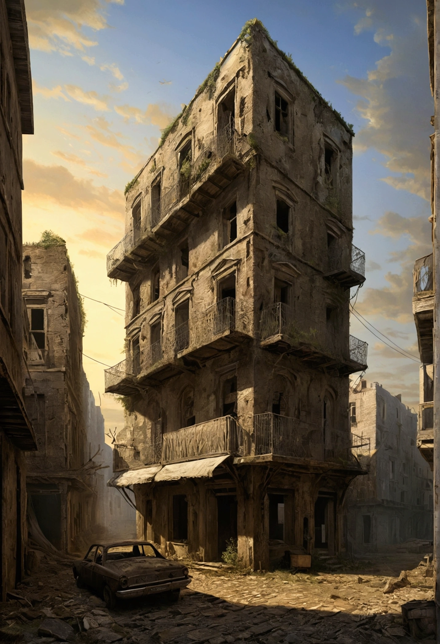 Créez des chefs-d'œuvre dystopiques,Représentez le paysage urbain antique détruit dans un style artistique conceptuel de jeu réaliste.. L'œuvre d'art doit évoquer un sentiment de désolation et de désespoir antique , monde post-apocalyptique. Gardez un œil sur les subtilités des détails, netteté, et une description très détaillée de la ville en ruines. Inspirez-vous des styles artistiques de Wayne Barlow et Zdislav Beksiński. Livrez cette image au format d'affichage vidéo, Montrez la sombre beauté de ce monde en décomposition.