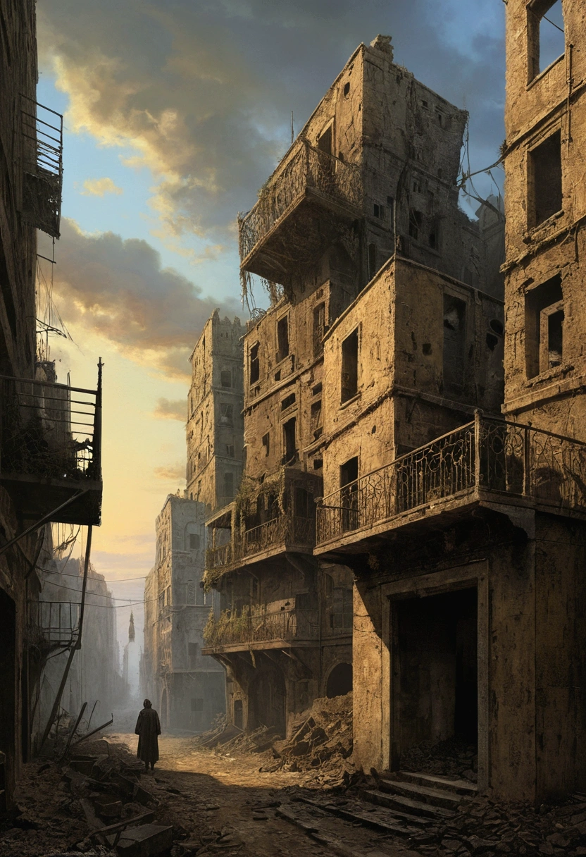 Créez des chefs-d'œuvre dystopiques,Représentez le paysage urbain antique détruit dans un style artistique conceptuel de jeu réaliste.. L'œuvre d'art doit évoquer un sentiment de désolation et de désespoir antique , monde post-apocalyptique. Gardez un œil sur les subtilités des détails, netteté, et une description très détaillée de la ville en ruines. Inspirez-vous des styles artistiques de Wayne Barlow et Zdislav Beksiński. Livrez cette image au format d'affichage vidéo, Montrez la sombre beauté de ce monde en décomposition.