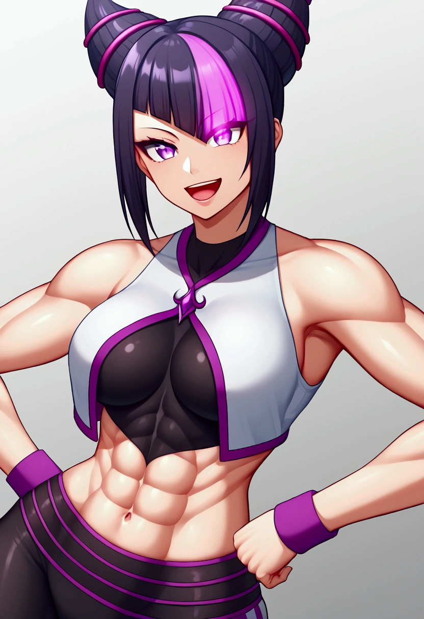 dark eye shadow,shining eyes,beautiful young fitness woman with , in a gym wearing May with black pantyhose, tight white and purple gym jacket. standing alone,hair horns,glowing purple eyes,Evil smile,legging preto ,labiaa,dark eye shadow,shining eyes,close up,open mouth with big evil smile