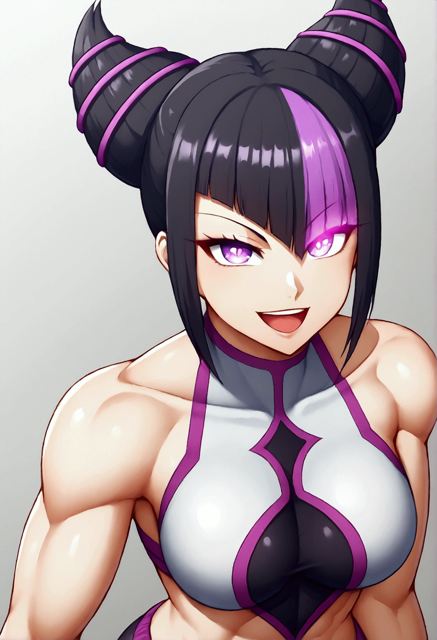 dark eye shadow,shining eyes,beautiful young fitness woman with , in a gym wearing May with black pantyhose, tight white and purple gym jacket. standing alone,hair horns,glowing purple eyes,Evil smile,legging preto ,labiaa,dark eye shadow,shining eyes,close up,open mouth with big evil smile
