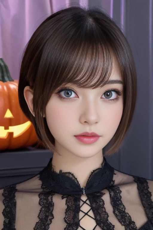 a 25 years old girl, detailed cutie face, beautiful detailed eyes, beautiful detailed lips, extremely detailed eyes and face, long eyelashes, slender body, short hair, anime style, halloween costume, colorful lights, pumpkin decorations, haunted house, best quality, 4K, highres, masterpiece, realistic, photorealistic, photo-realistic, vivid colors, intricate details, fantasy, soft lighting, magical