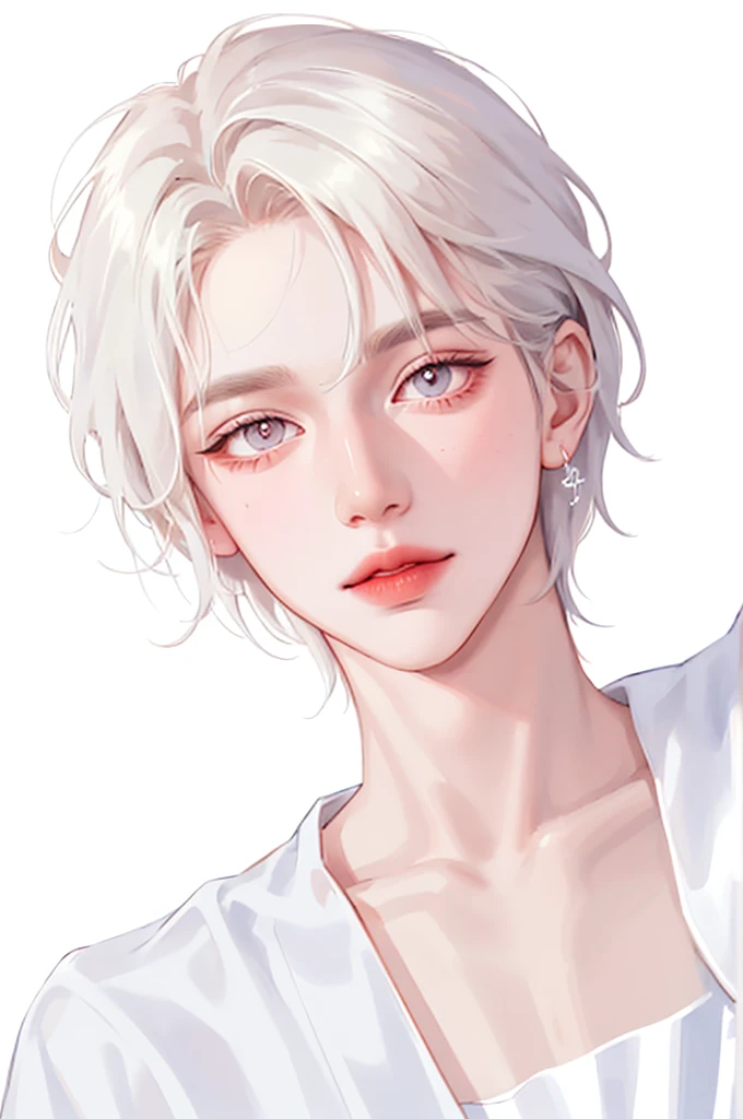 Handsome man wearing a white top, portrait, white background, aegyo sal, Gradient lips, Glass Skin, rosy cheeks and lips, big eyes, alone, cartoon style, pale skin