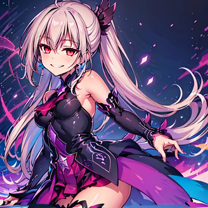 (Best quality:1.2), 1 girl, vibrant colors, dreamy lighting, detailed floral background, evil smile, alone, ponytail, star-shaped hairpin, black feather hairpin, nail art