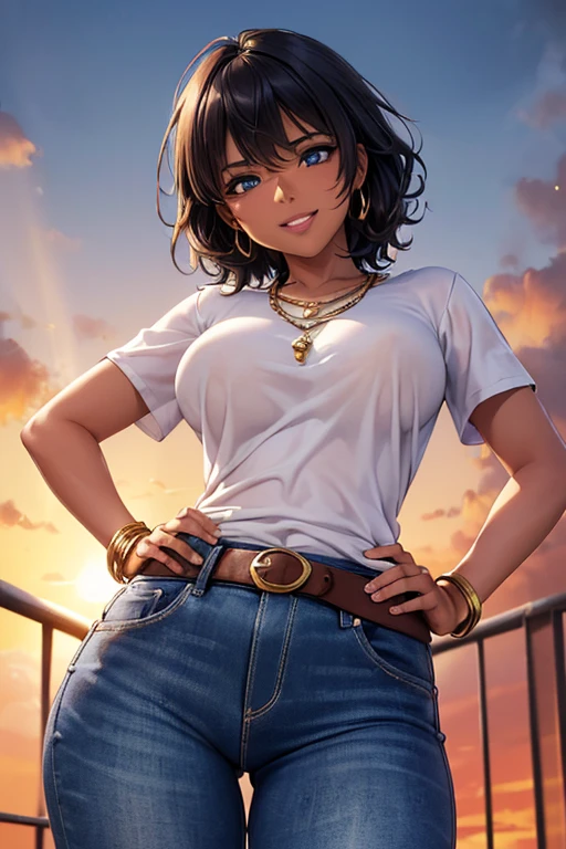 #Basics A girl is posing for a photo, animeのcute女の子, ((One Girl)), (((Baby Face:1.4)) + ((cute:1.5)) + ((18-year-old))),
break
#Clothing Accessories
((Brightly colored aloha shirts) + (Blue denim skinny pants) + (Black belt for a tight fit around the waist) + (Red sneakers)),
((Fancy Gold Bracelet) + (Gold hoop earrings) + (Gold ear cuffs) + (Fancy Necklace)),
break
#Features
((Sky Blue Hair)), ((Long side bangs)), ((short hair) : Very short hair + Curly hair + Curly Hair + Messy Hair + Hair bouncing outside),
((Droopy eyes:1.4, Big eyes:1.2), blue eyes), (Brown skin:1.4),
break
#background environment
((noon + Sunshine + Ranch)),
#Facial Expression Pose
((A big smile:1.4)), (Stand by the fence + Hands on hips, strong + full of confidence, Cat),
#composition
((Face the camera, (Angle from below), Character Focus, Cowboy Shot)),
break
#Body parts elements
(Slim figure),
(Detailed Hair, Beautiful Hair, Shiny Hair),
(double eyelid, Long eyelashes),
(Expression of fine eyes, Beautiful and delicate eyes, Sparkling eyes, Eye Reflexes, Glitter Eyeliner),
(Human Ear),
(Beautiful Nose, Thin Nose),
(Glossy Lips, Beautiful Lips, Thick lips), (Symmetrical facial features),
(Detailed skin, Textured skin, Beautiful Skin, Oily skin),
break
#Quality Image Quality Common
(((Highest quality)), ((masterpiece)), ((Very detailed))), ((Ultra-high resolution)), ((16K, 1080P)), ((Full HD)),
(Anatomically correct), (Realistic), (3DCG), (Oil painting),
((comics, anime)), (CG illustration), (RAW Photos),