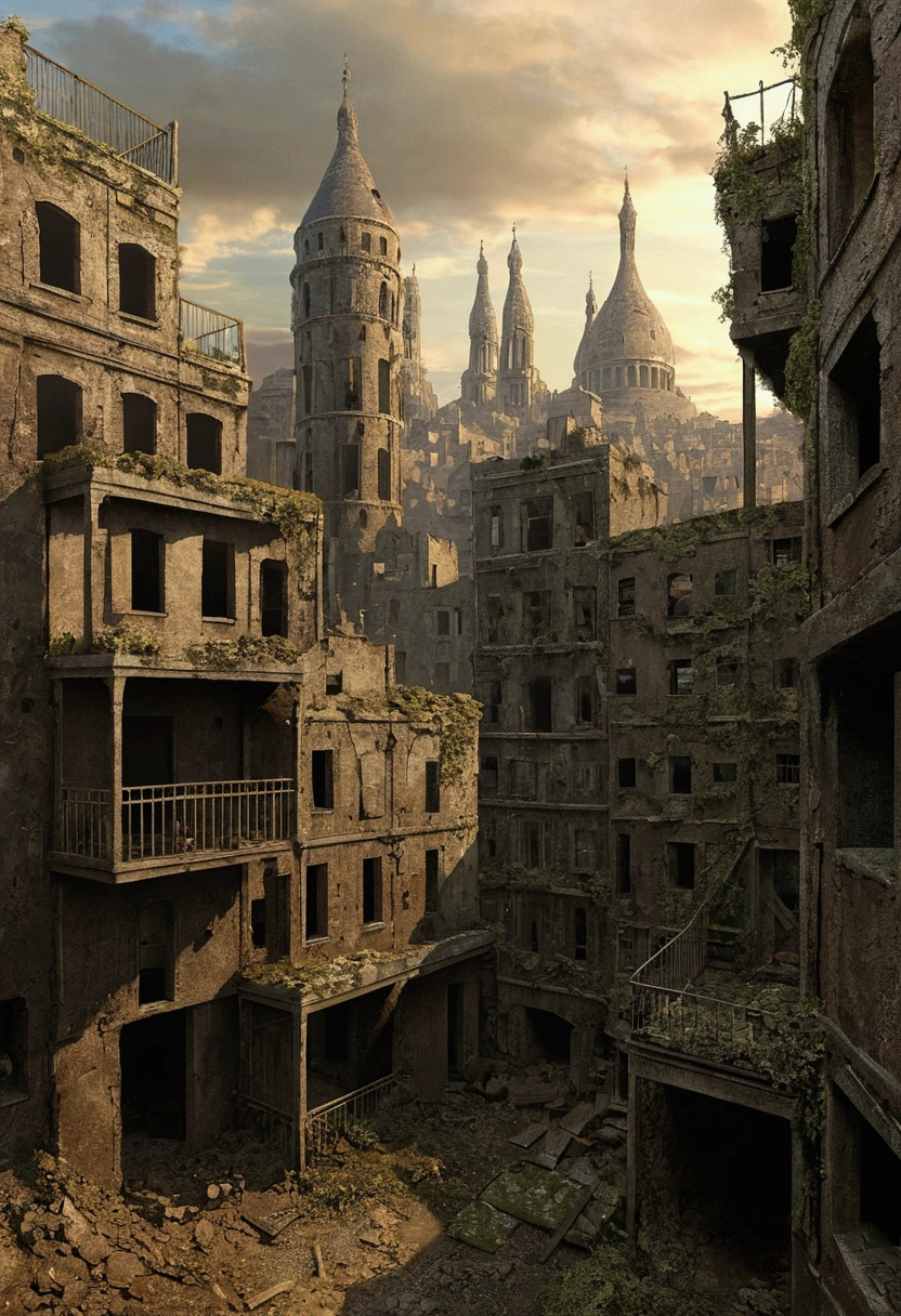 Créez des chefs-d&#39;œuvre dystopiques，Représentez le paysage urbain antique détruit dans un style artistique conceptuel de jeu réaliste.. L&#39;œuvre d&#39;art doit évoquer un sentiment de désolation et de désespoir antique , monde post-apocalyptique. Gardez un œil sur les subtilités des détails, netteté, et une description très détaillée de la ville en ruines. Inspirez-vous des styles artistiques de Wayne Barlow et Zdislav Beksiński. Livrez cette image au format d&#39;affichage vidéo, Montrez la sombre beauté de ce monde en décomposition.