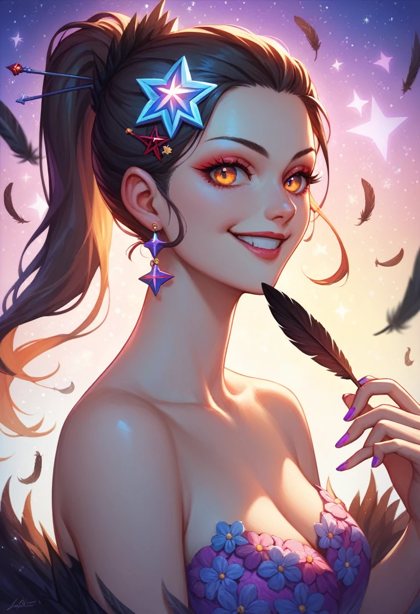 (Best quality:1.2), 1 girl, vibrant colors, dreamy lighting, detailed floral background, evil smile, alone, ponytail, star-shaped hairpin, black feather hairpin, nail art