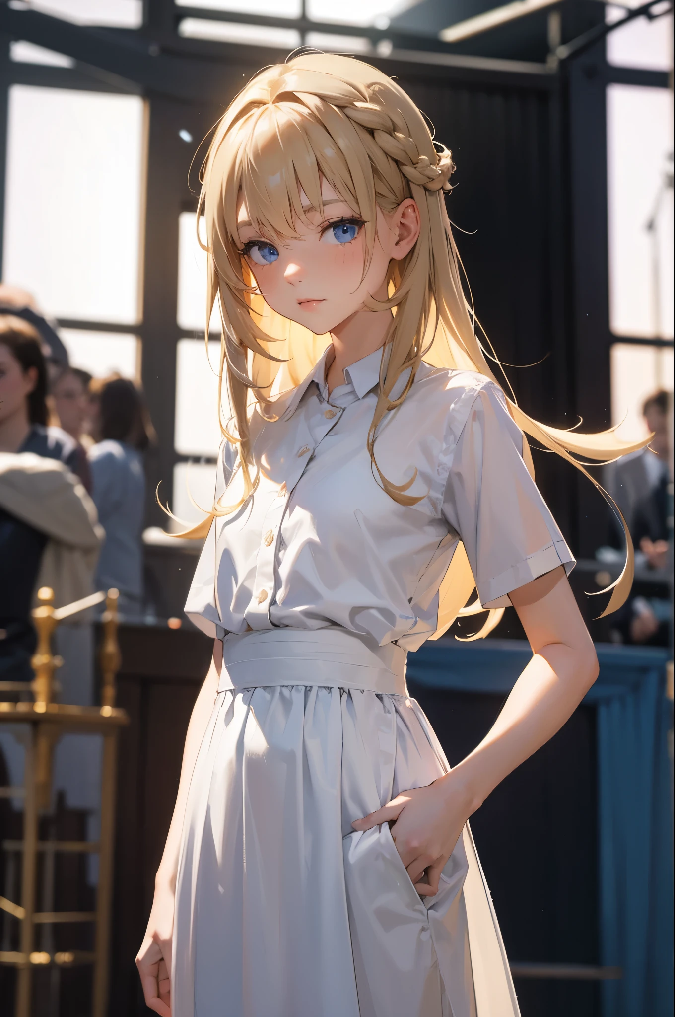 masterpiece, ultra detailed, 8k portrait, RAW photo, portrait photography, Highly detailed face, beautiful and meticulous eyes, 15 years old, standing on the stage, white shirt and blue shorts, thin long white gown, cute girl, long hair, light blonde girl with long hair, young girl, 1girl, cute girl, pretty girl, portrait of cute girl, slim:1.5,